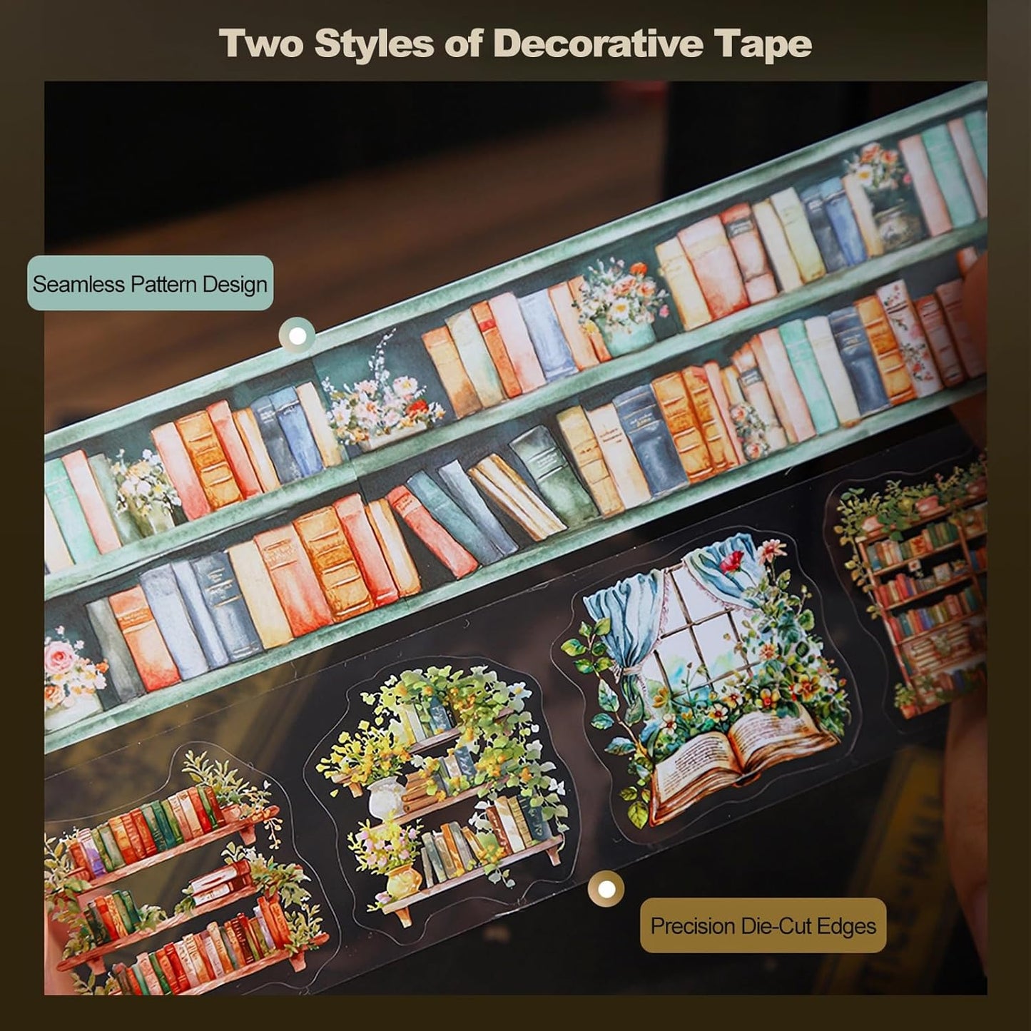 Reading Time PET Tape Set, 6 Rolls Mixed Pre-Cut and Continuous Tape with Clip, Waterproof Scrapbook Supplies for Journaling, DIY Crafts, and Planners