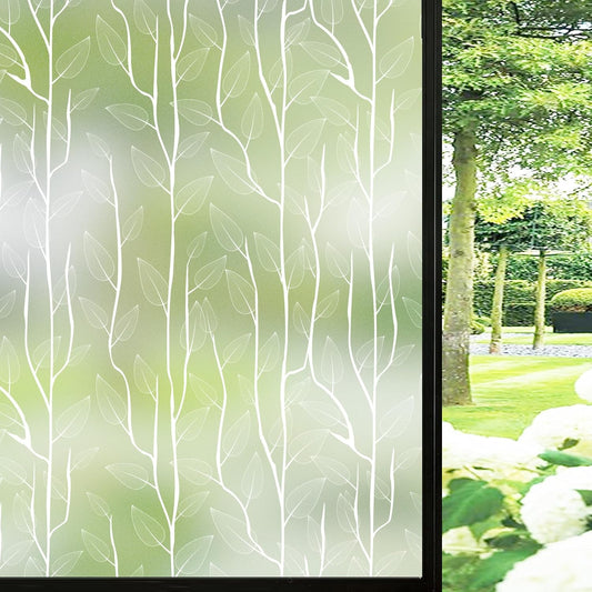 DKTIE Nordic Leaves Window Privacy Film Decorative Stained Glass Sun Blocking Heat Control with Free Installation Tools, Privacy Window Film Day and Night (White, 17.7'' x 118.1'')