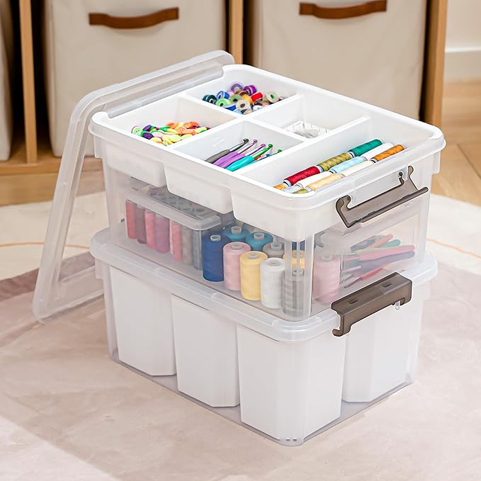Citylife 17 QT Plastic Storage Box with Removable Tray and 6 Detachable Tall Inserts Craft Organizers and Storage Clear Storage Container for Organizing Crayon, Craft, Sewing, Playdoh, 2 Packs