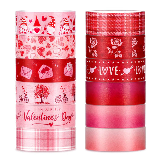 Whaline 12 Rolls Valentine Washi Tape Red Pink Heart Gnome Love Masking Tape for Wedding Scrapbook DIY Craft Gift Wrapping, 0.6" x 16.4ft