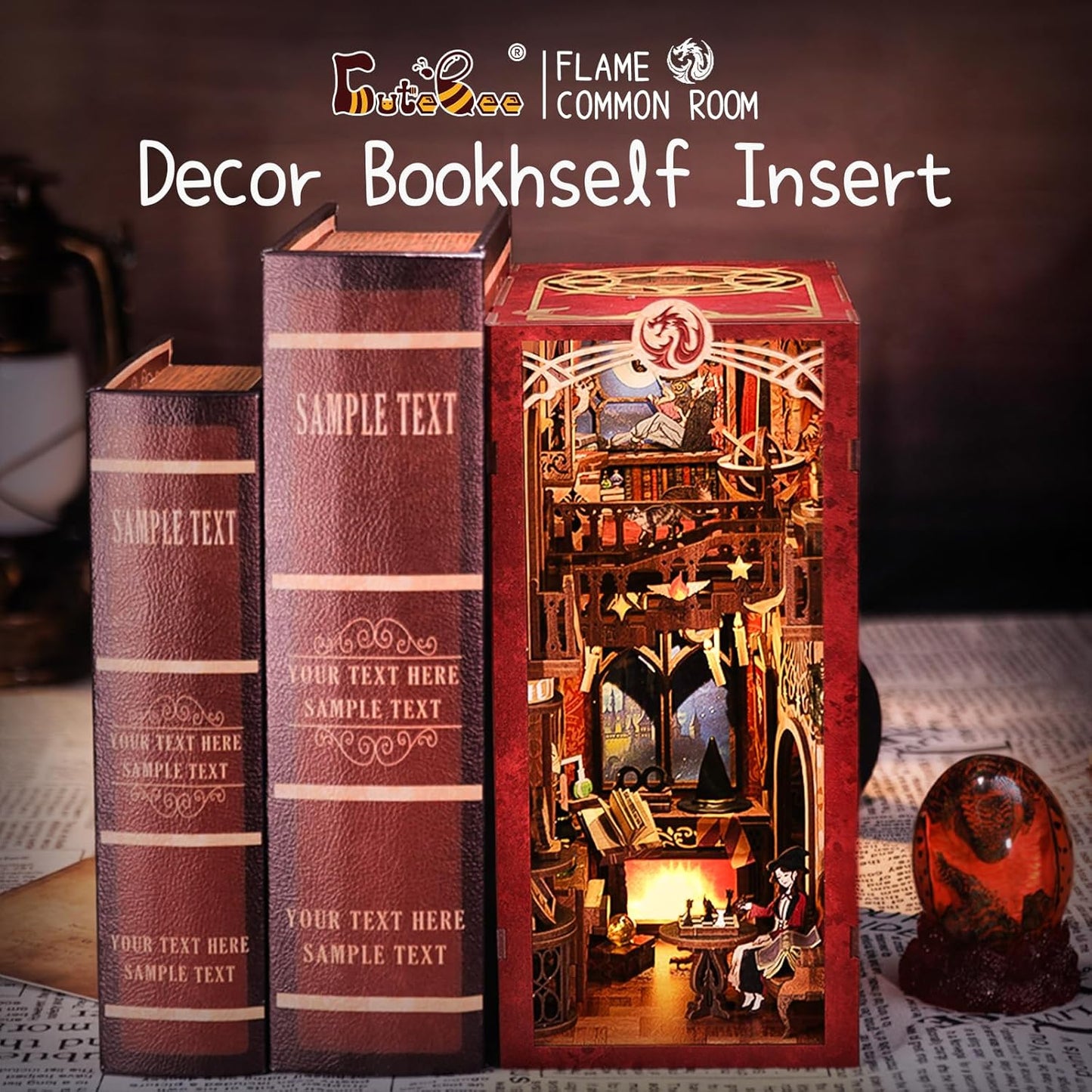 CUTEBEE Book Nook Kit - DIY Miniature House Dollhouse Kit for Adult and Teens, Booknook Bookshelf Decor Alley Model Build with LED Light, Gifts for Family and Friends (Flame Common Room)