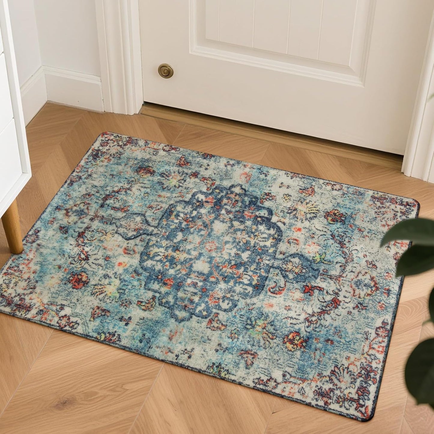 Lahome Bohemian Floral Medallion Area Rug - 2x3 Vintage Teal Distressed Small Entryway Rug Turkish Doormat Faux Wool Non-Slip Washable Low-Pile Carpet for Bathroom Kitchen Laundry Room Decor