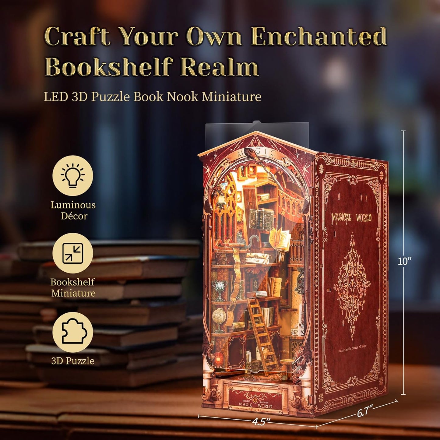 3D Wood Puzzle Book Nook Kit, DIY Magical Miniature Dollhouse with LED Light, Magic World Bookshelf Insert Bookend for Display, 3D Puzzle Craft Set for Adults (Magic World)