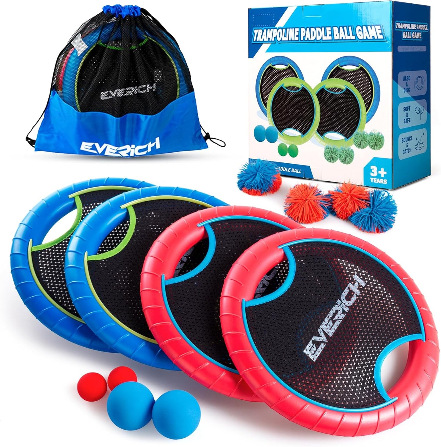 EVERICH TOY Trampoline Paddle Ball Set with 4 Bouncy Paddles & 8 Balls - Soft Foam Design for Kids Play Indoor Outdoor Beach Backyard Lawn - Great Gift Idea for Boys & Girls