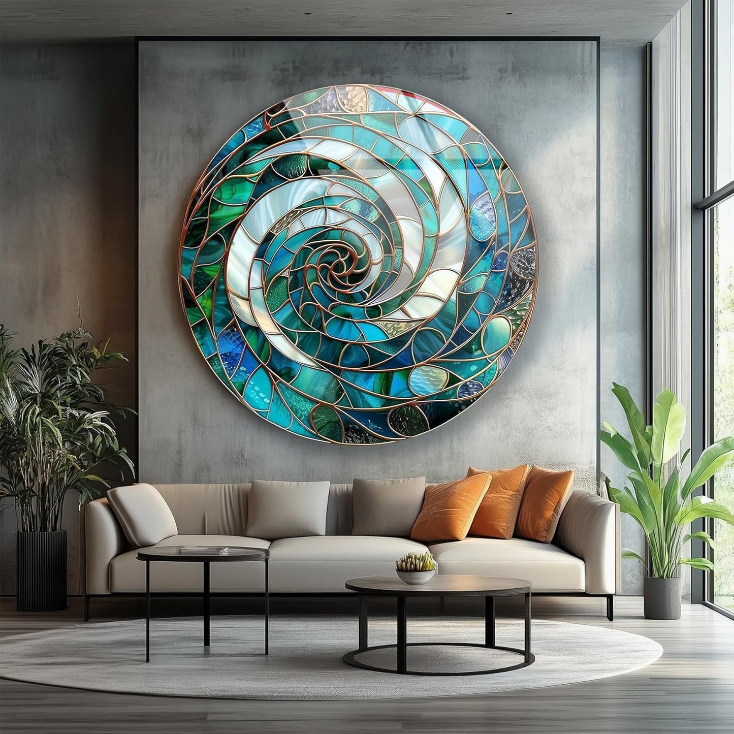 My Photostation.com 20''(50cm) Diameter Aqua Spiral Harmony Round Glass Wall Art Tempered Glass Printing Wall Decor Large Wall Art Wall Hangings