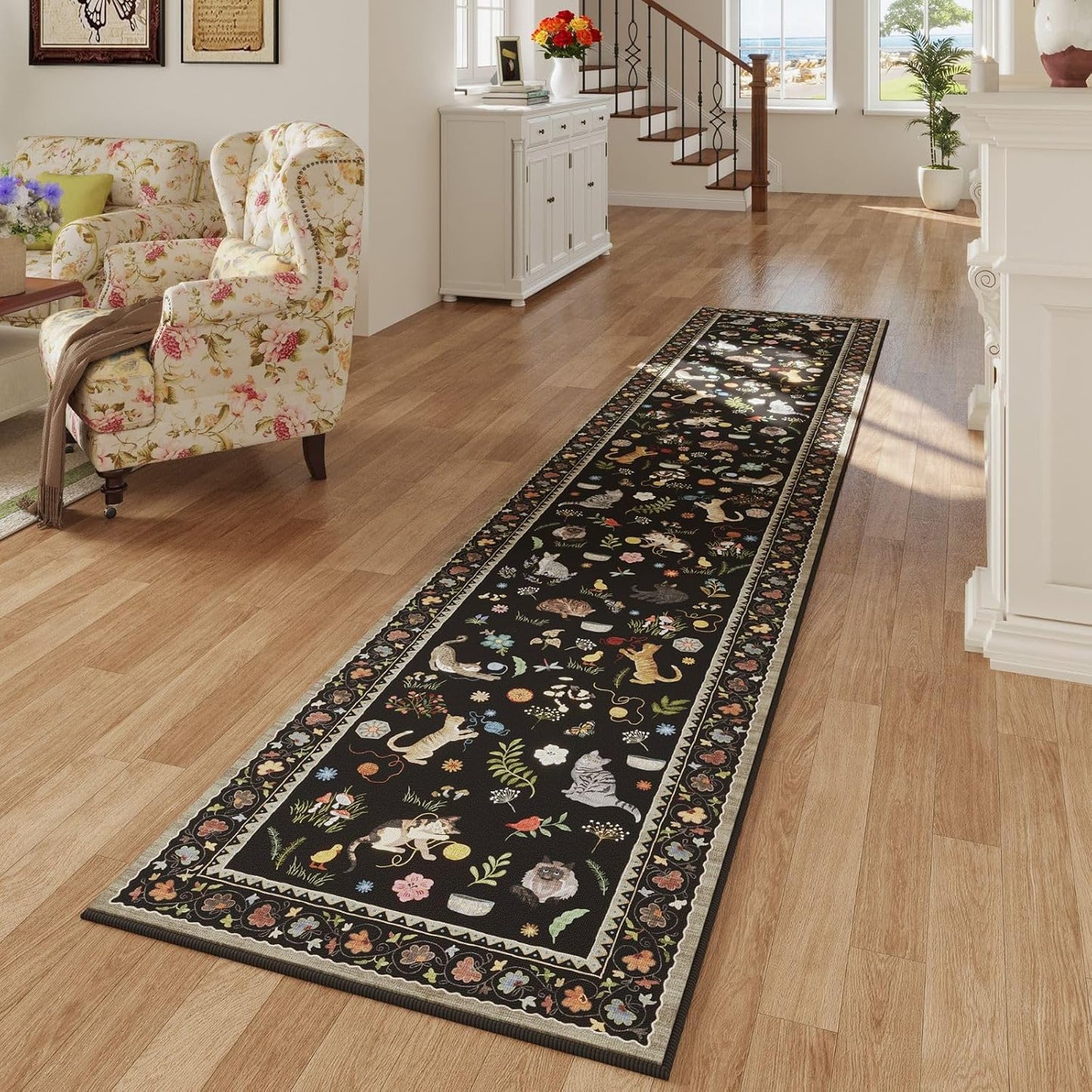 Rugcomf Runners for Kitchen Runner Rug Non Slip 2'x10' Long Washable Rugs with Rubber Backing Soft Floral Animal Cat Carpet Runner for Kitchen Laundry Bedroom Bathroom, Black