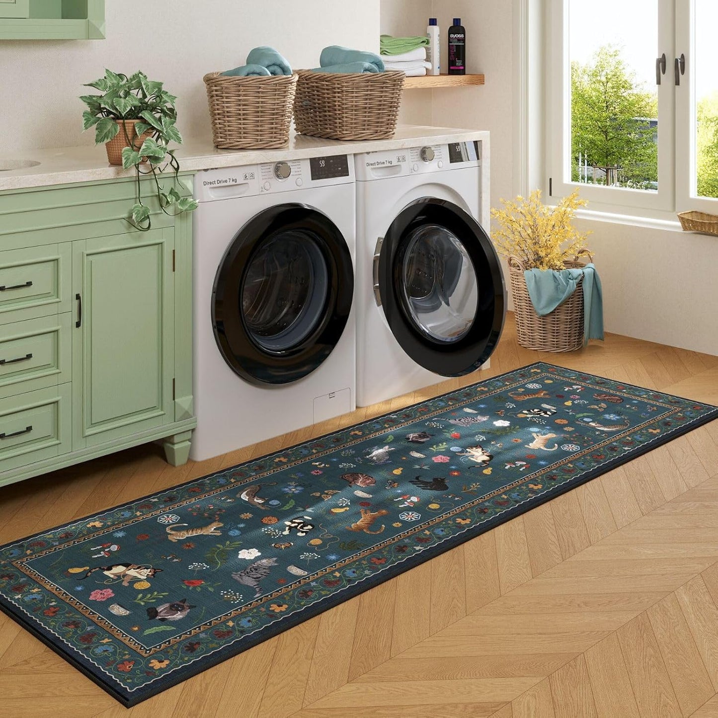 Rugcomf Runner Rug for Kitchen Non Slip 2'6''x8' Washable Rugs with Rubber Backing Soft Floral Animal Cat Carpet Runner for Kitchen Laundry Bedroom Bathroom, Pearl Gentian Blue