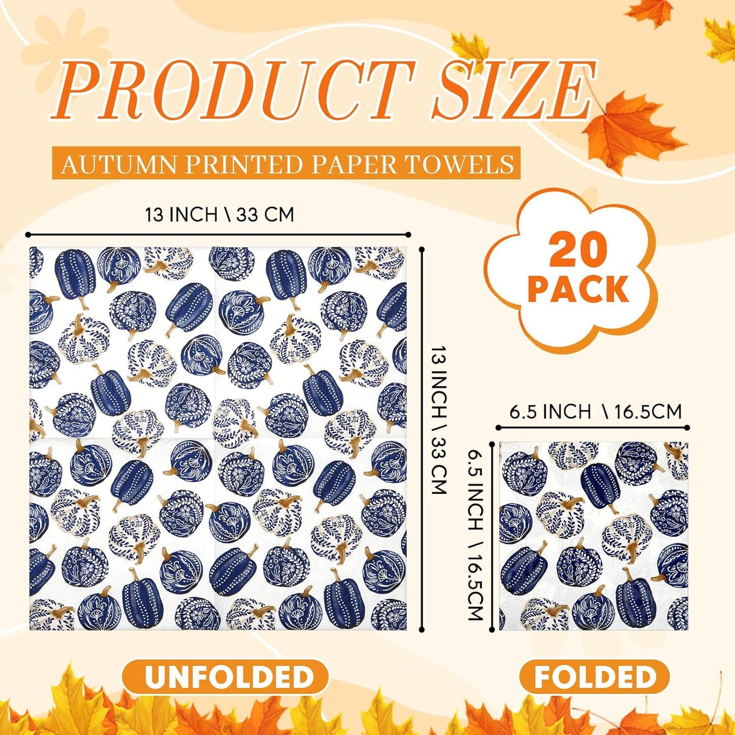 Crtiin 20 Pack Fall Decoupage Napkins Autumn Napkins Floral Pumpkin Maple Leaf Decorative Paper for Thanksgiving Harvest Birthday Party Beautiful Gorgeous, 20 Styles Each 6.5 Inches