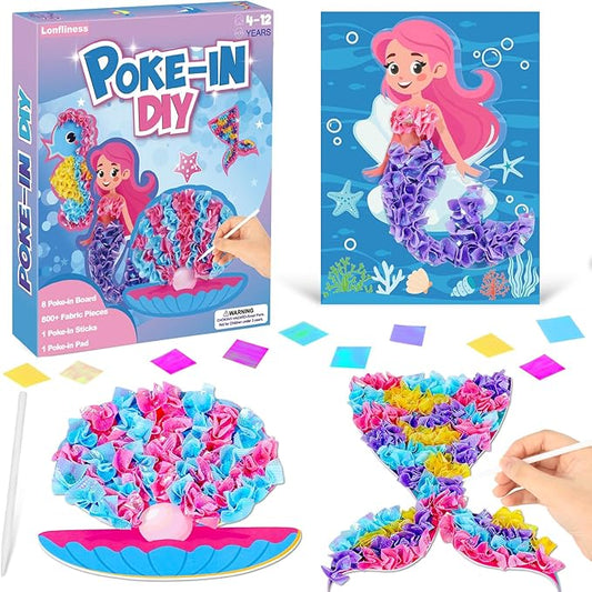 8PCS Poke-in Craft and Art Kit Mermaid Theme No-Mess Fabric Sewing Art Puzzle Puncture Painting DIY Ocean Sea Animals Toy Gifts for Activity Game Birthday Party