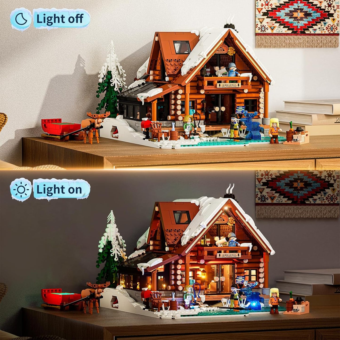 Aurora-Cabin Christmas Lighting-Building-Bricks Set - 2425 Pcs Retro House Winter Lodge LED Light Construction Building Christmas Village Model Set for Adults and Families