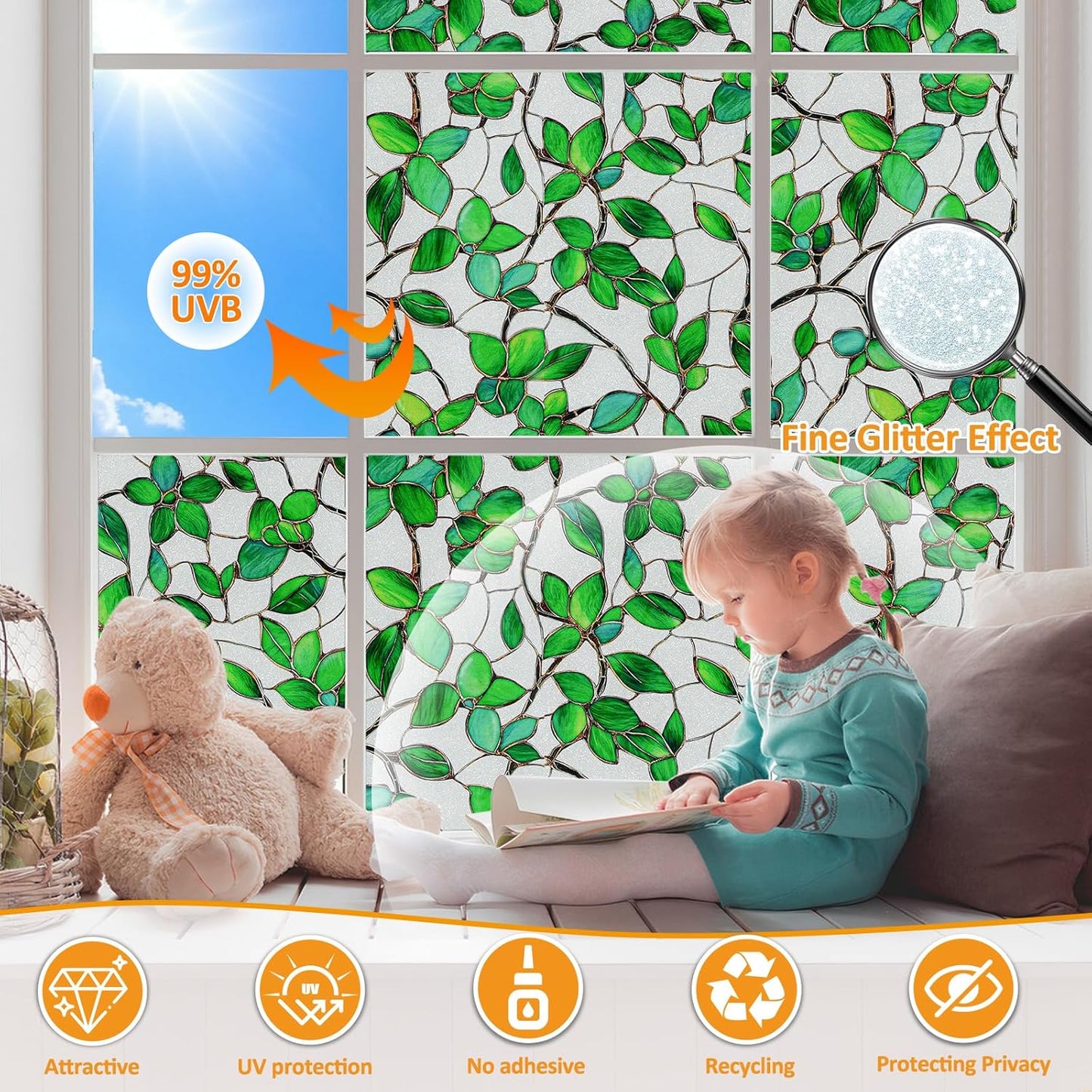 Window Privacy Film Stain Glass Window Film Rainbow Window Film Window clings Non-Adhesive Reusable Decorative for Room (Frosted Greenery Leaf, 35.4 x 78.7 in)