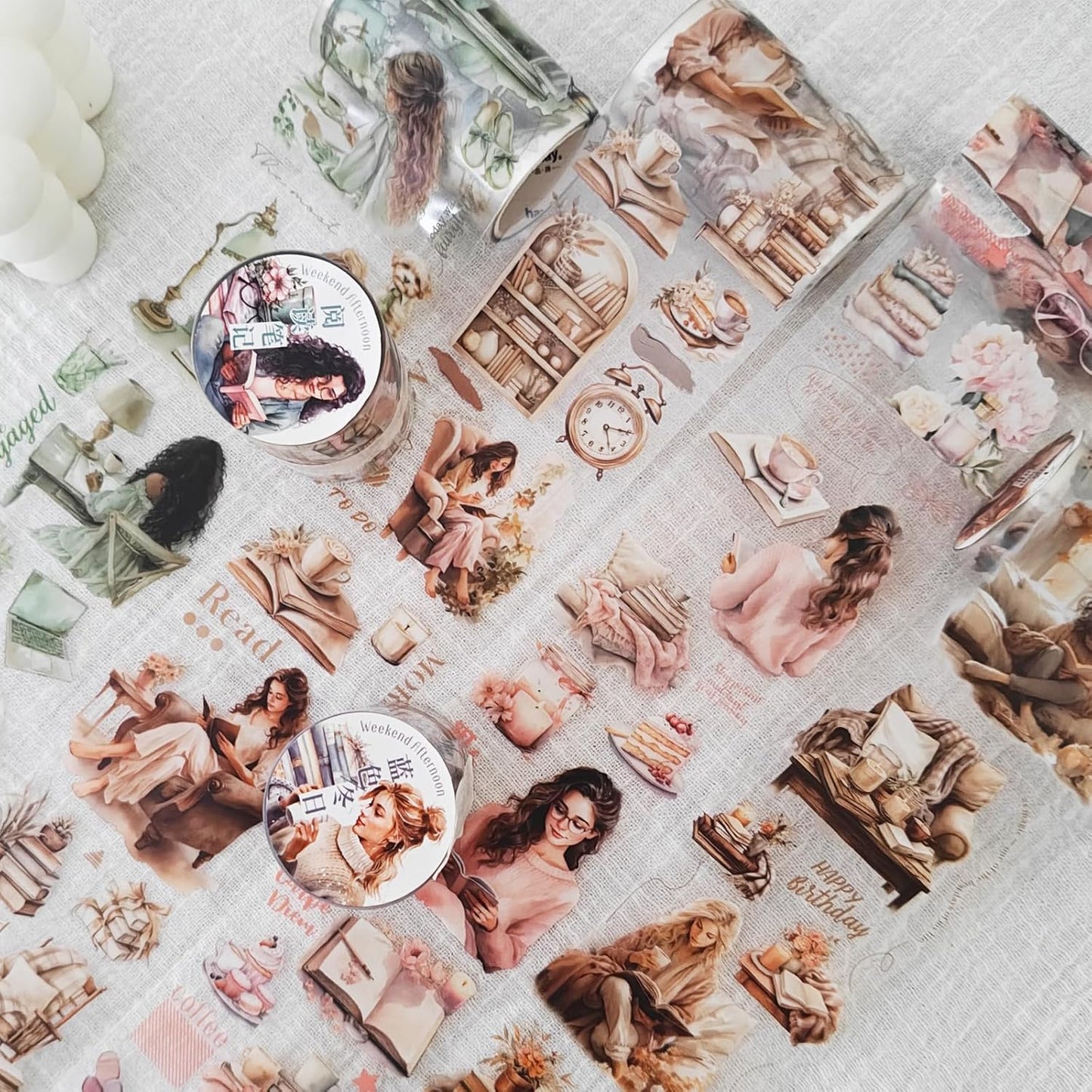 6 Rolls PET Tape Set for Junk Journal,Reading Theme Scrapbook Tape Stickers for Journaling Supplies,Scrapbook Supplies,Album,DIY Craft(Reading)