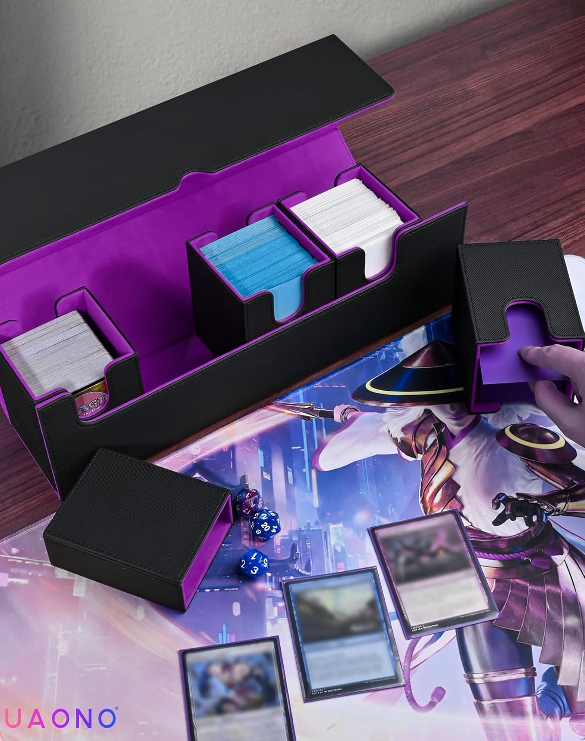 Card Deck Box with Dice Tray for MTG, 5 in 1 Card Deck Case Holds 800+ Unsleeved Cards, Strong Magnet Organizer Compatible with Yugioh TCG Sports Cards (Black Purple)
