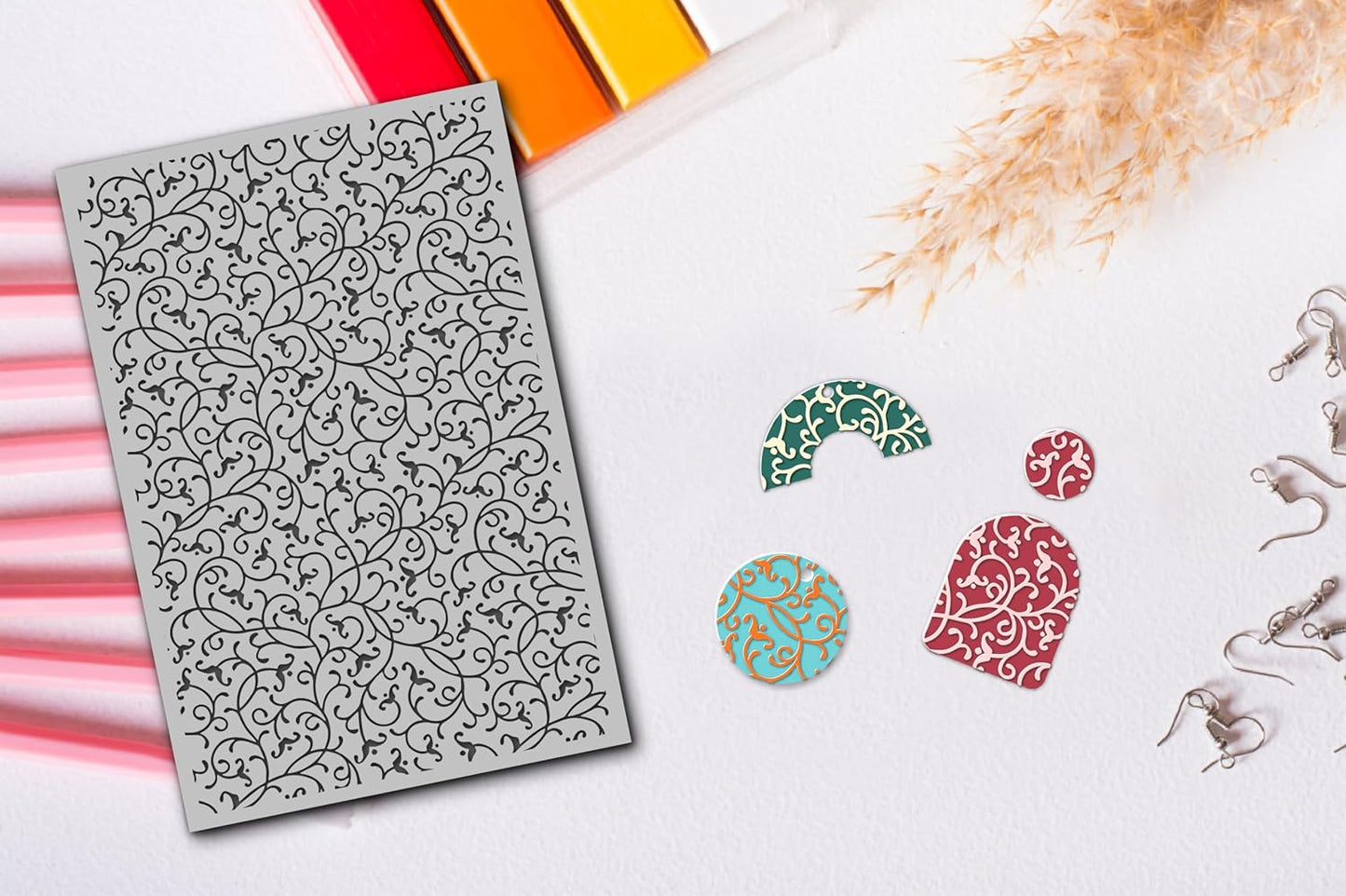 Arbuya Swirls Polymer Clay Texture Mat for Earrings Jewelry Making, Filigree Flowers Clay Texture Sheets for Polymer Clay Projects Floral Stamps for Clay Earrings Tools