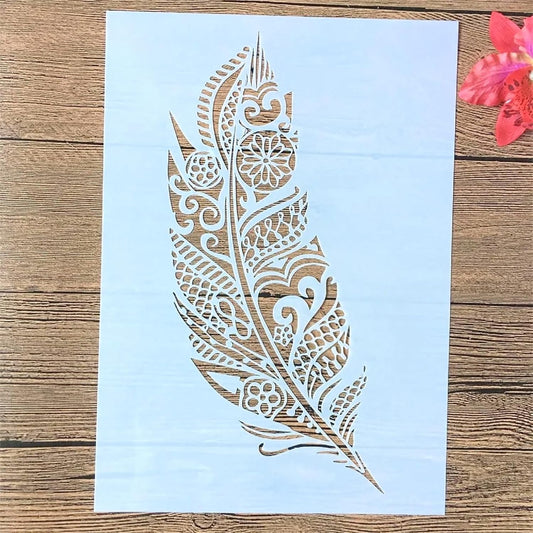 TIAMECH A4 Mandala Feather Stencil for Painting on Wood Reusable Big Feather Layering Stencil DIY Scrapbook Coloring Decorative Size 8.3 x 11.7inch Template