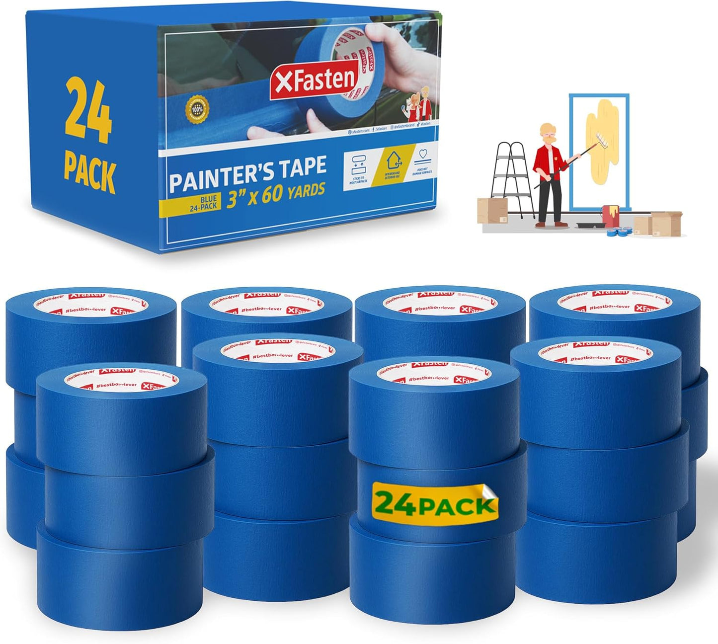 XFasten Blue Painters Tape Bulk 3-Inch x 60-Yards (24-Pack, 4320ft Total) Wall Safe, 3 Inch Wide Masking Tape for Walls, Painting, Automotive