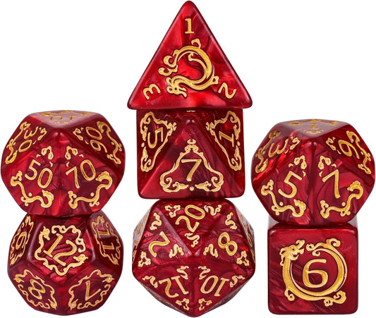 7-Die DND Dice Set Dragon Pattern Polyhedral Die with Leather Bag D&D Dice Set for RPG Table Games (Red W/Gold Dragon Pattern)
