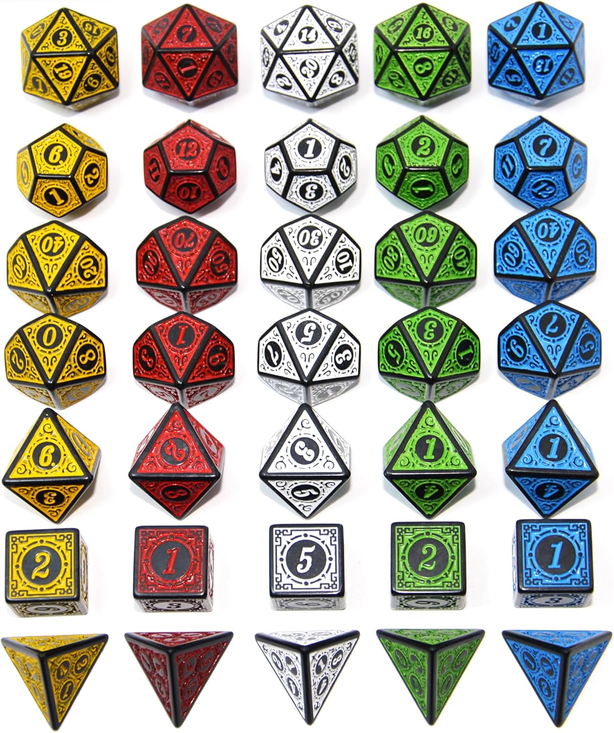 SmartDealsPro Double-Colors Polyhedral Dice Sets with Pouches for D&D DND RPG MTG Dungeon and Dragons Table Board Roll Playing Games D4 D6 D8 D10 D% D12 D20 (5-Color Retro Sets)