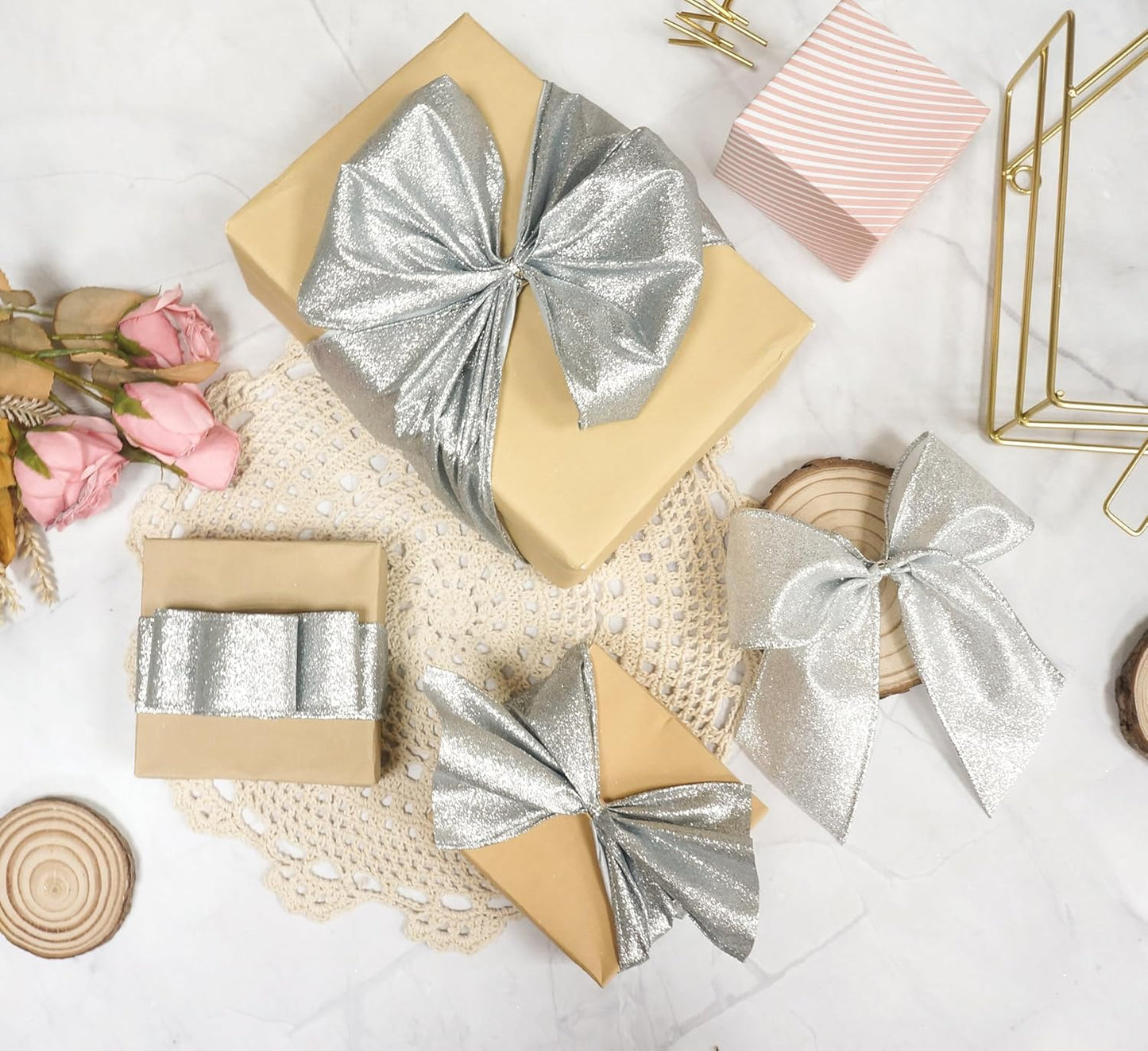 CT CRAFT LLC Glitter Wired Ribbon 6" x 10 Yards Silver for Christmas Home Decor Bow Gift Wrapping DIY Crafts Wreath