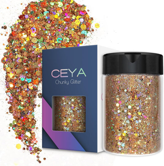 Ceya Holographic Chunky Glitter, 4.9oz/ 140g Diamond Gold Craft Glitter Powder Mixed Fine Flakes Iridescent Nail Sequins for Nail Art, Hair, Epoxy Resin, Tumblers, Slime, Painting, Festival Decor