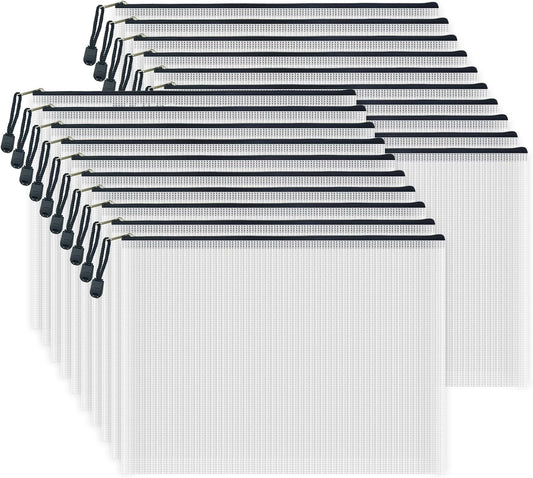 AUSTARK 20 Pcs Zipper File Bags, Plastic Mesh Pouch, Board Game Storage Bag, Waterproof Bags for Office School (A4 Size 13.4''x9.4'', White and Black)