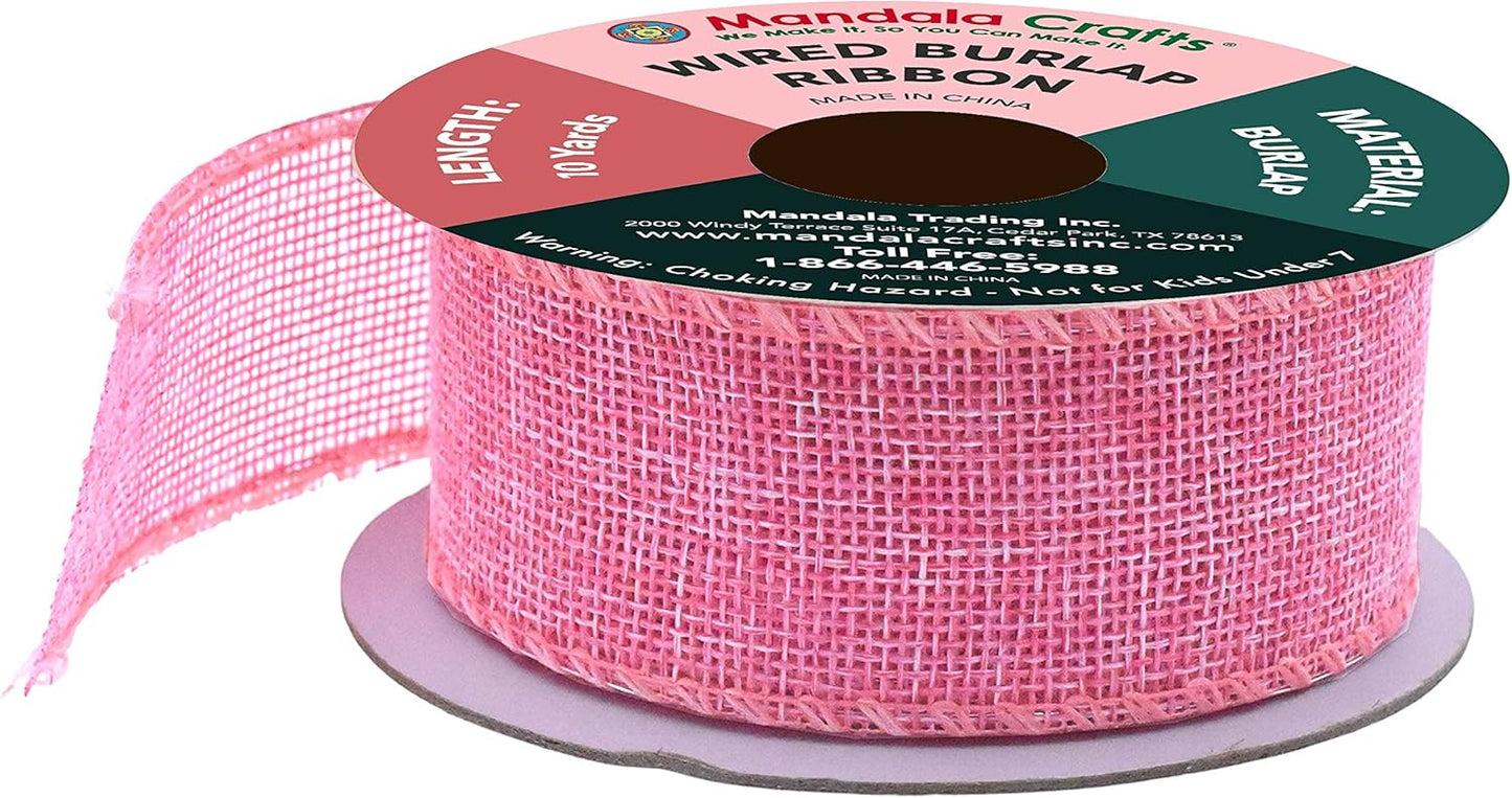 Mandala Crafts Pink Burlap Wired Ribbon 1.5 Inches Wide Jute Ribbons for Crafts - 10 Yds Roll Rustic Burlap Wrap Trim Ribbons for Wreaths Bows Party Decoration