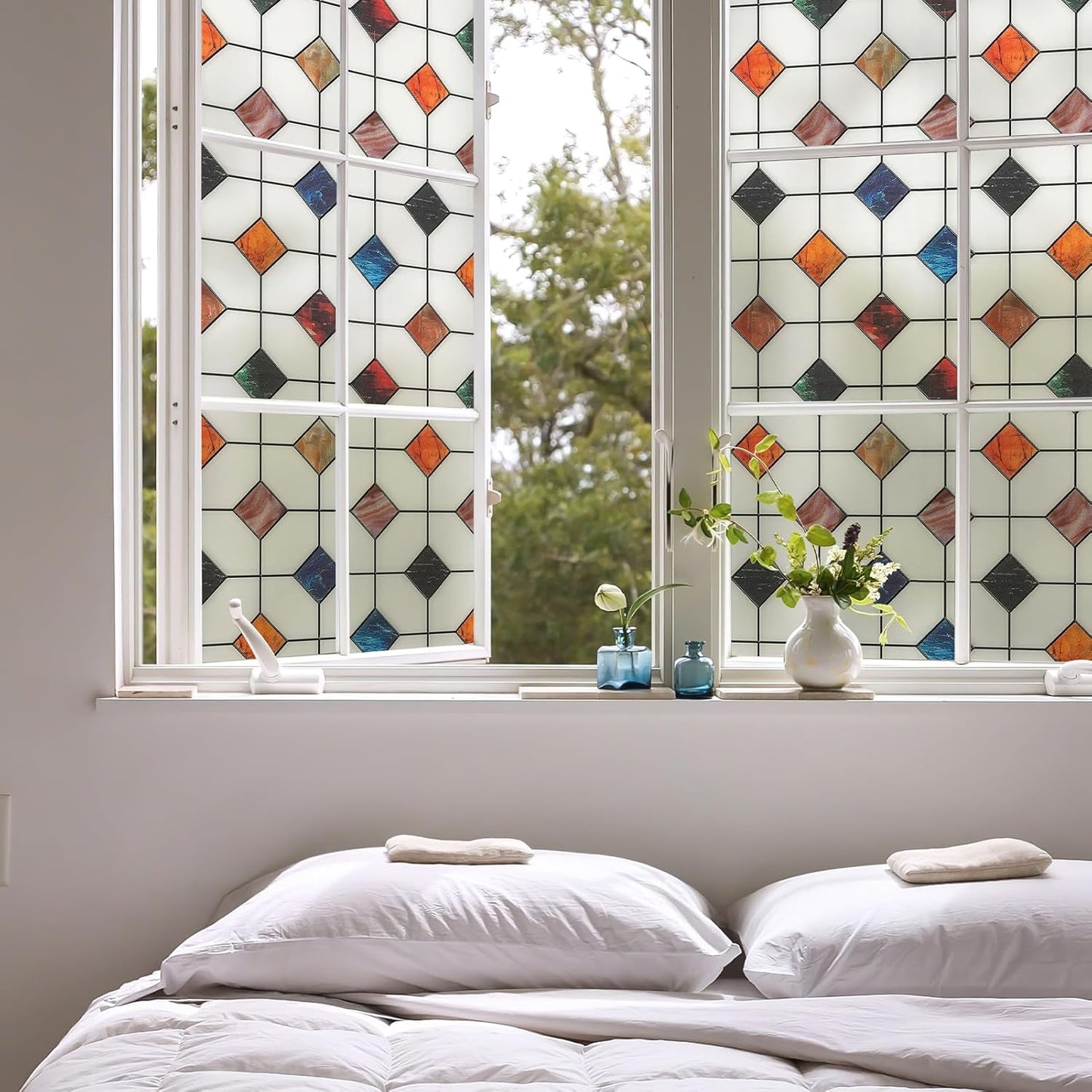 DKTIE Stained Glass Window Film Geometric Patterns, Fine Frosted Window Clings for Glass Windows, Waterproof for Bathroom Window Privacy Film Day and Night (S533, 35.4in X 78.7in)