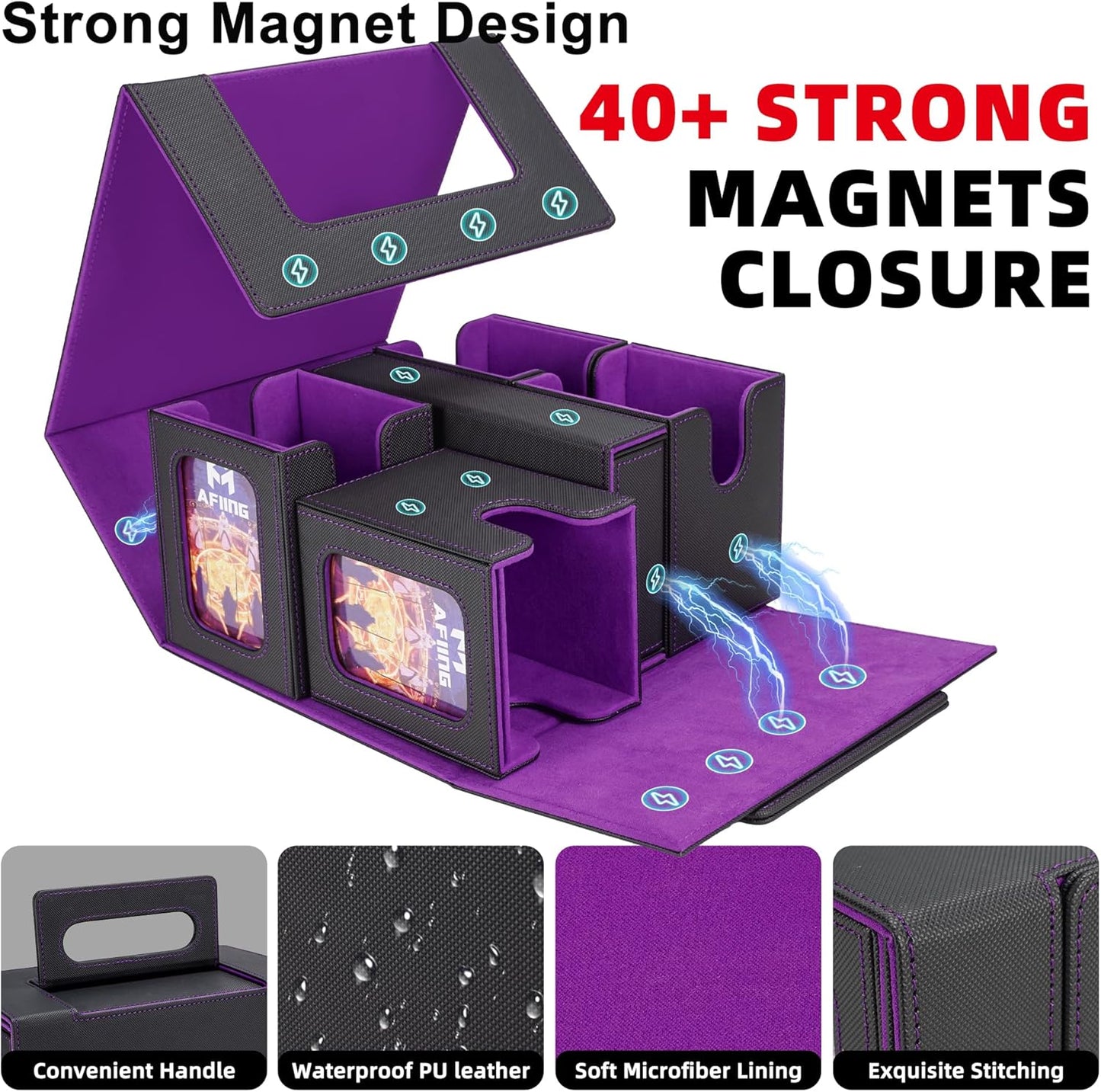 AFIING Commander Deck Box for MTG/EDH, Fits 400+ Double-Sleeved Cards, with Display Window, 4 Removable Deck Cases, Dividers, Dice Tray & Handle, Card Holders for TCG (Black Purple)