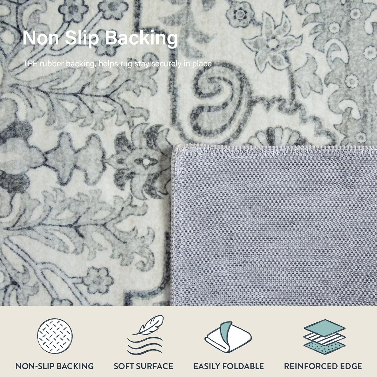 Lahome Washable Runner Rug 2x5, Bohemian Laundry Room Rug Low Pile Bathroom Runner Rugs with Rubber Backing, Printed Non-Slip Throw Carpet Runners for Kitchen Hallway Bedside, Beige