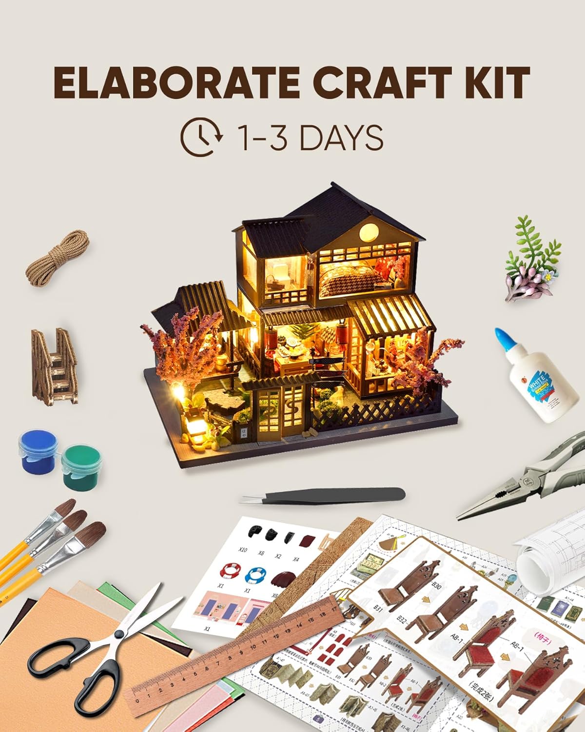 DIY Miniature House Kit, Mini House Kit for Beginners, DIY Dollhouse Kit for Adults to Build, Model Building Craft Diorama Kit, Ideal Gifts for Birthday, Christmas(Japanese Garden House)