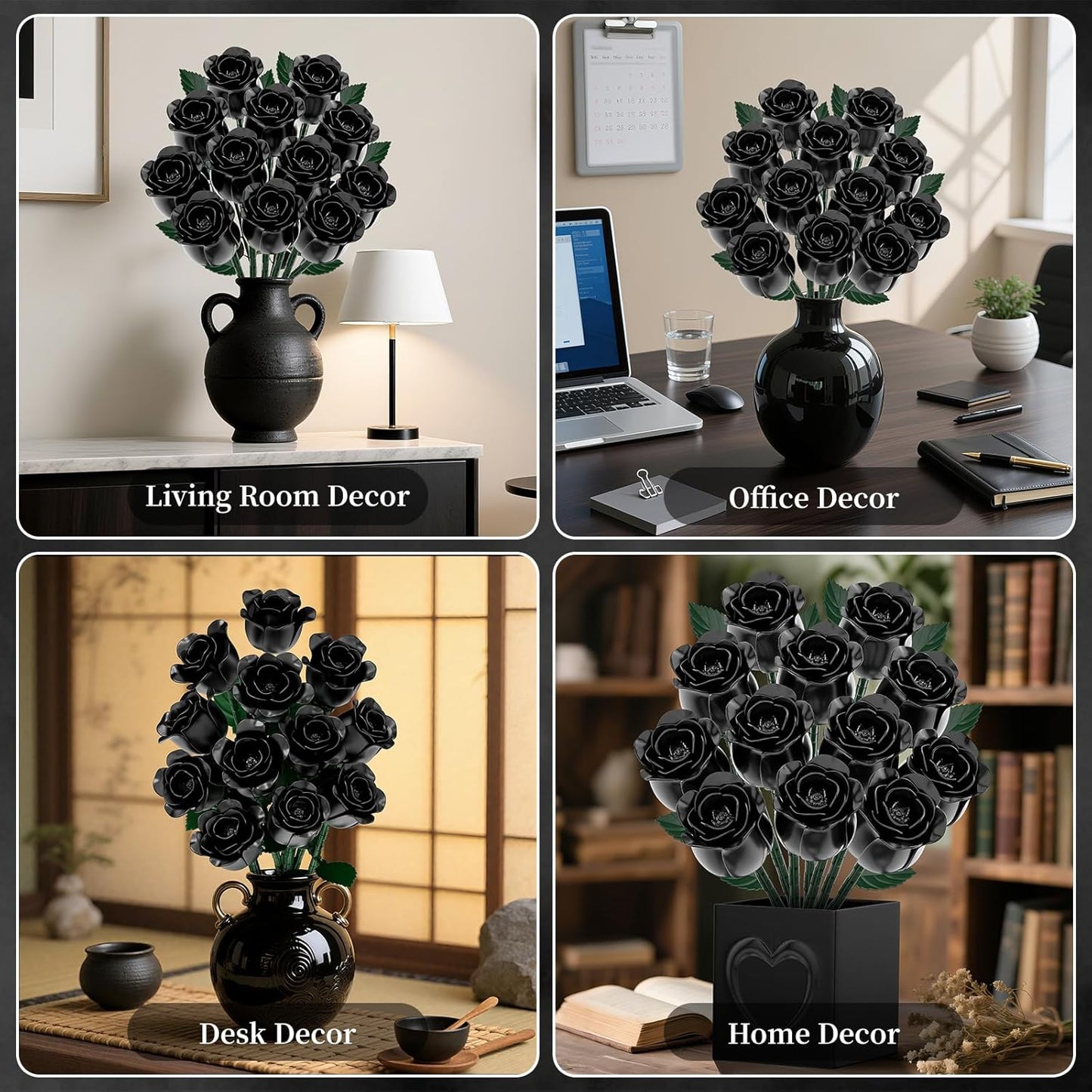 Black Rose Bouquet Building Blocks, Artificial Roses Flowers Botanical Collection Building Set, Gothic Home Decor, Christmas Halloween Birthday Present for Adults Kids Lover