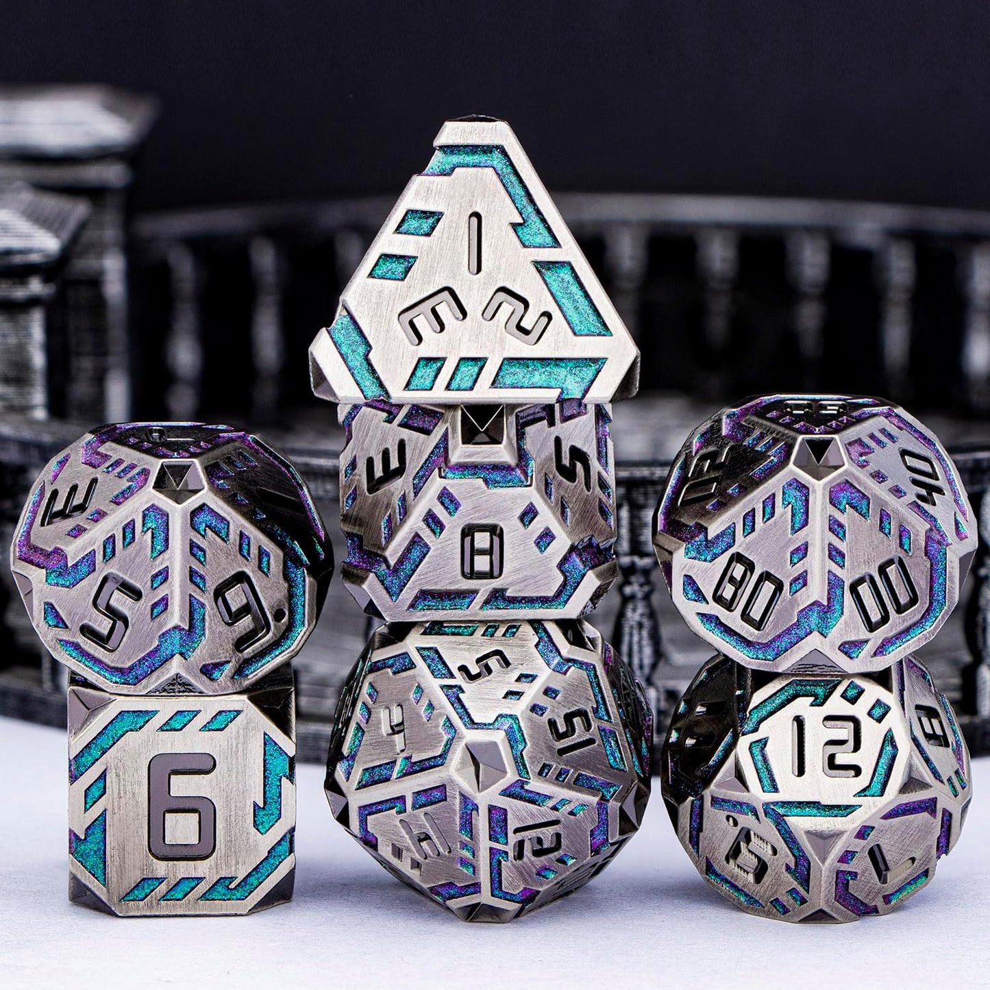 Metal DND Sci-fi Dice Set 7PCS Stripe Polyhedral Dice for Dungeons Dragons RPG Role Playing Game, Glitter D and D Dice with Gift Box D6 D8 D10 D12 D20 (Grey&Purple Green)