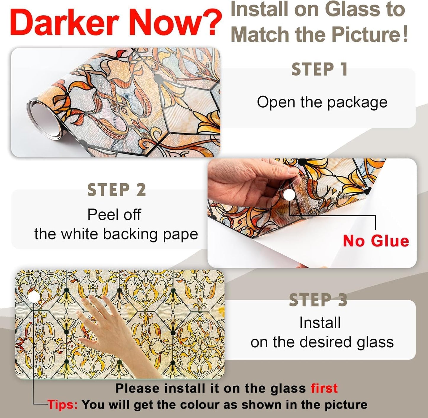 3D Stained Glass Window Privacy Film, Heat Control UV Blocking Static Cling Decorative Window Film for Bathroom,Front Door,Home Non Adhesive,GiltGaze 16.9 x 39.3 inches