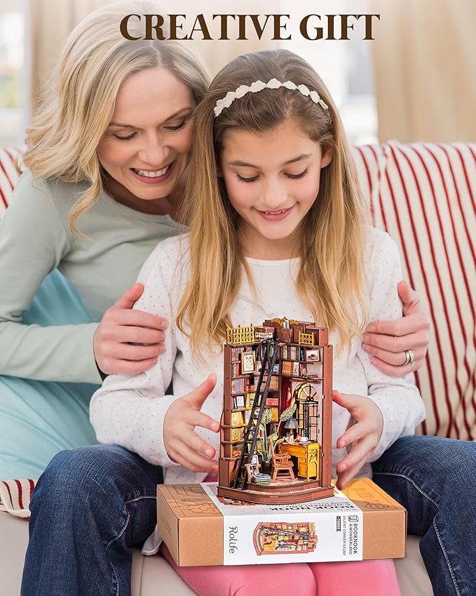 Rolife DIY Book Nook Kits for Adults, Miniature Dollhouse Booknook Kit, 3D Wooden Puzzle Creative Decorative Bookends Bookshelf Diorama Insert Crafts Hobbies Gifts (Silent Corner Study)
