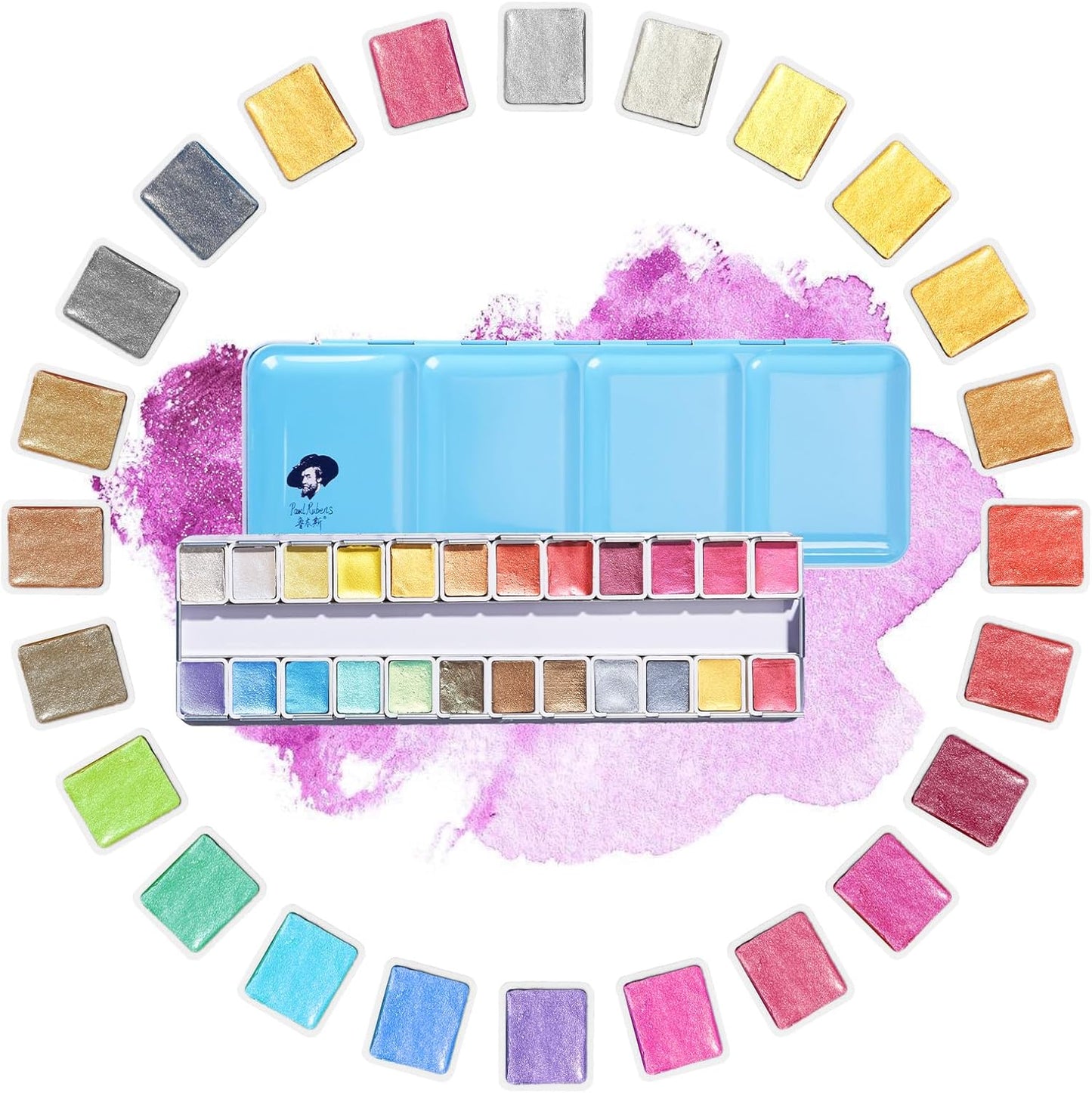 Paul Rubens Professional Metallic Watercolor Paints Set, Pearl Paint, Portable Metal Case with Palette, Set of 24 Half Pans, Art Supplies for Artists, Beginners, Hobbyists, Students