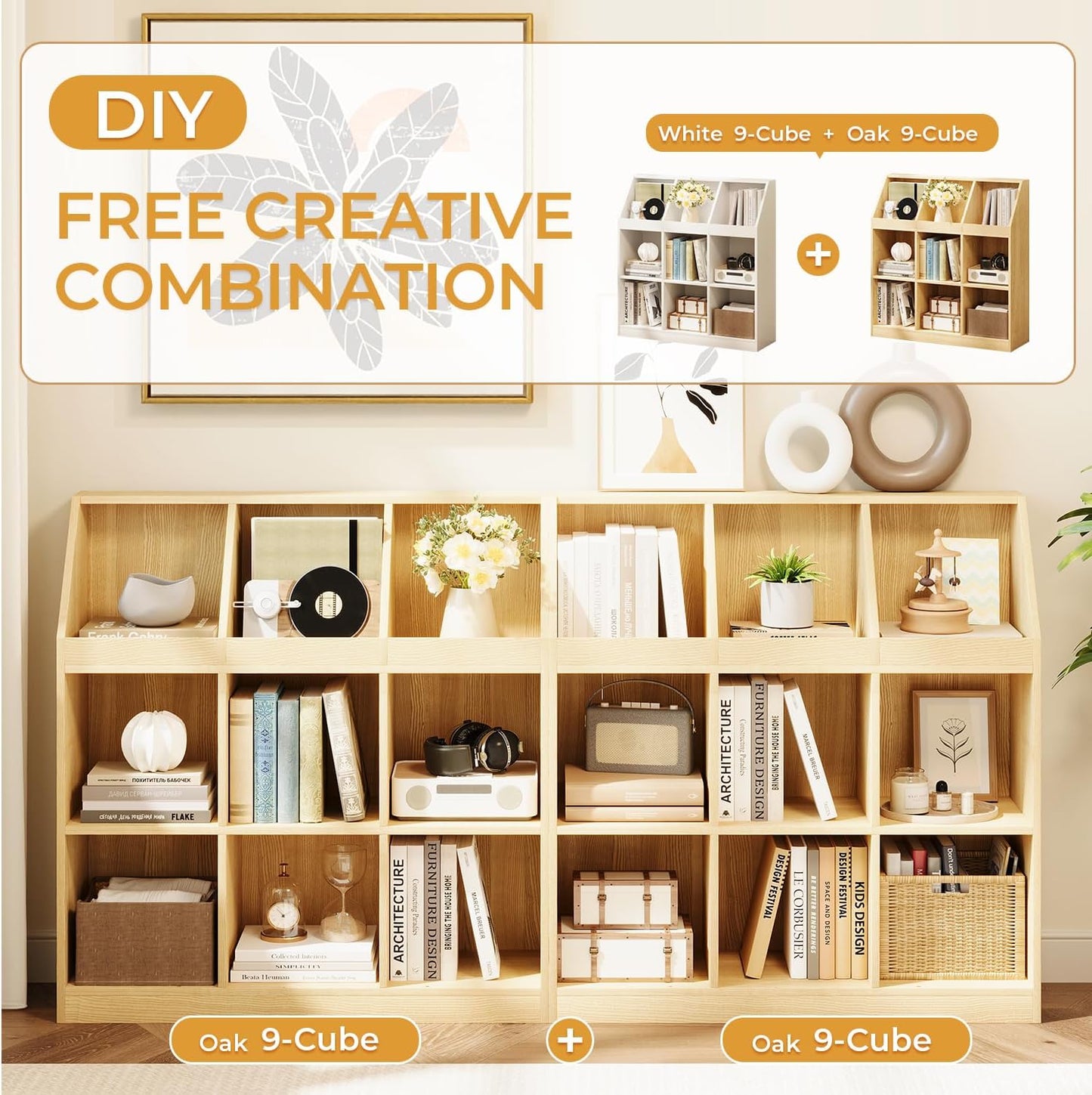 9-Cube Wooden Storage Bookcase - 11-Inch Open Shelf Cabinet, Simple Modern Bookshelf Organizer for Home Office, Living Room, Oak