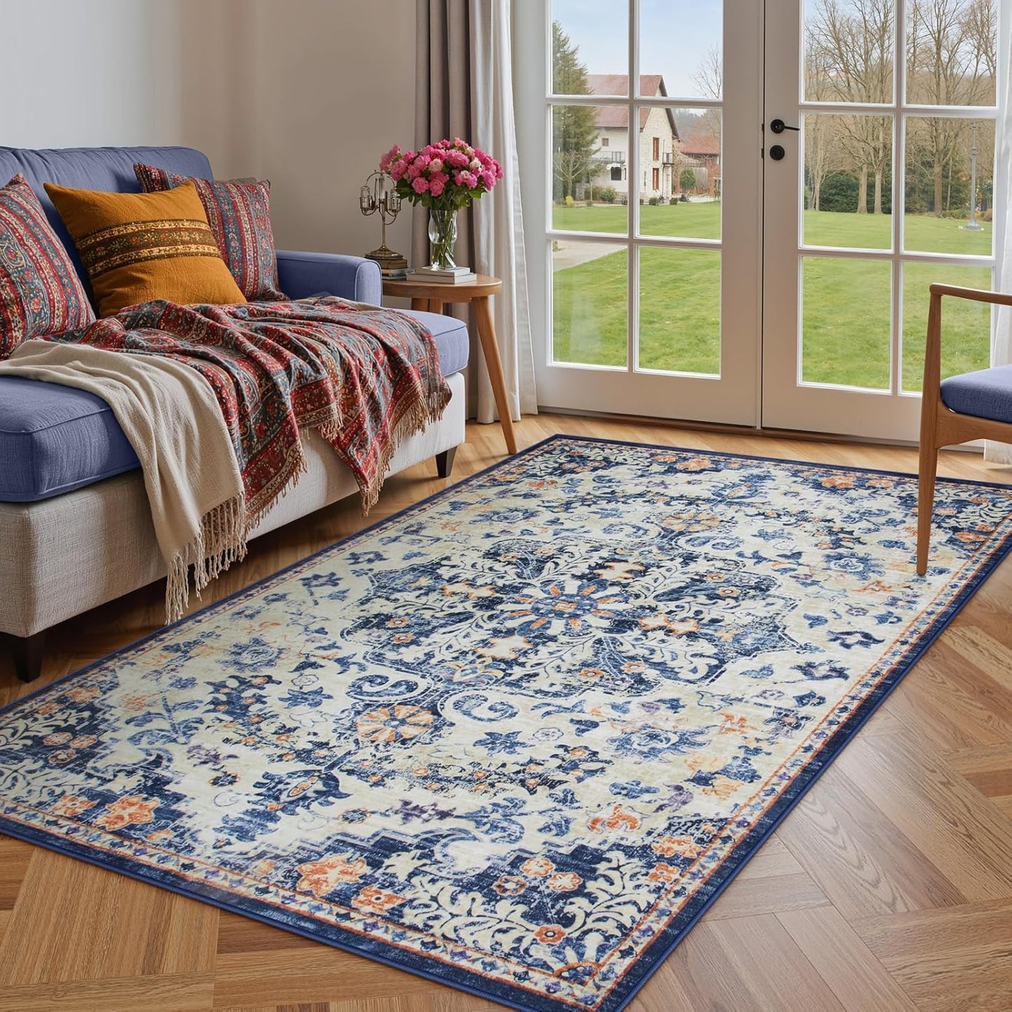 Lahome Bohemian Floral Medallion Area Rug - 4x6 Blue Washable Living Room Rug Soft Bedroom Mat, Non Slip Indoor Floor Carpet for Foyer Entryway Classroom Sunroom Bathroom