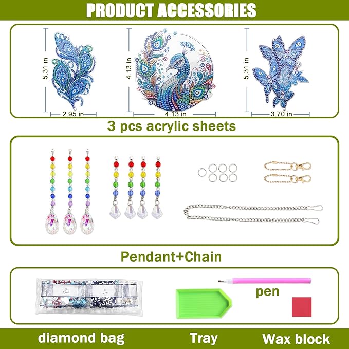 Diamond Art Kits for Teens/Adults/Beginners | DIY Arts & Crafts Birthday Gifts, 3 PCS Diamond Art Suncatcher Craft Kit Crystal Window Garden Decor Set (Peafowl Butterfly)
