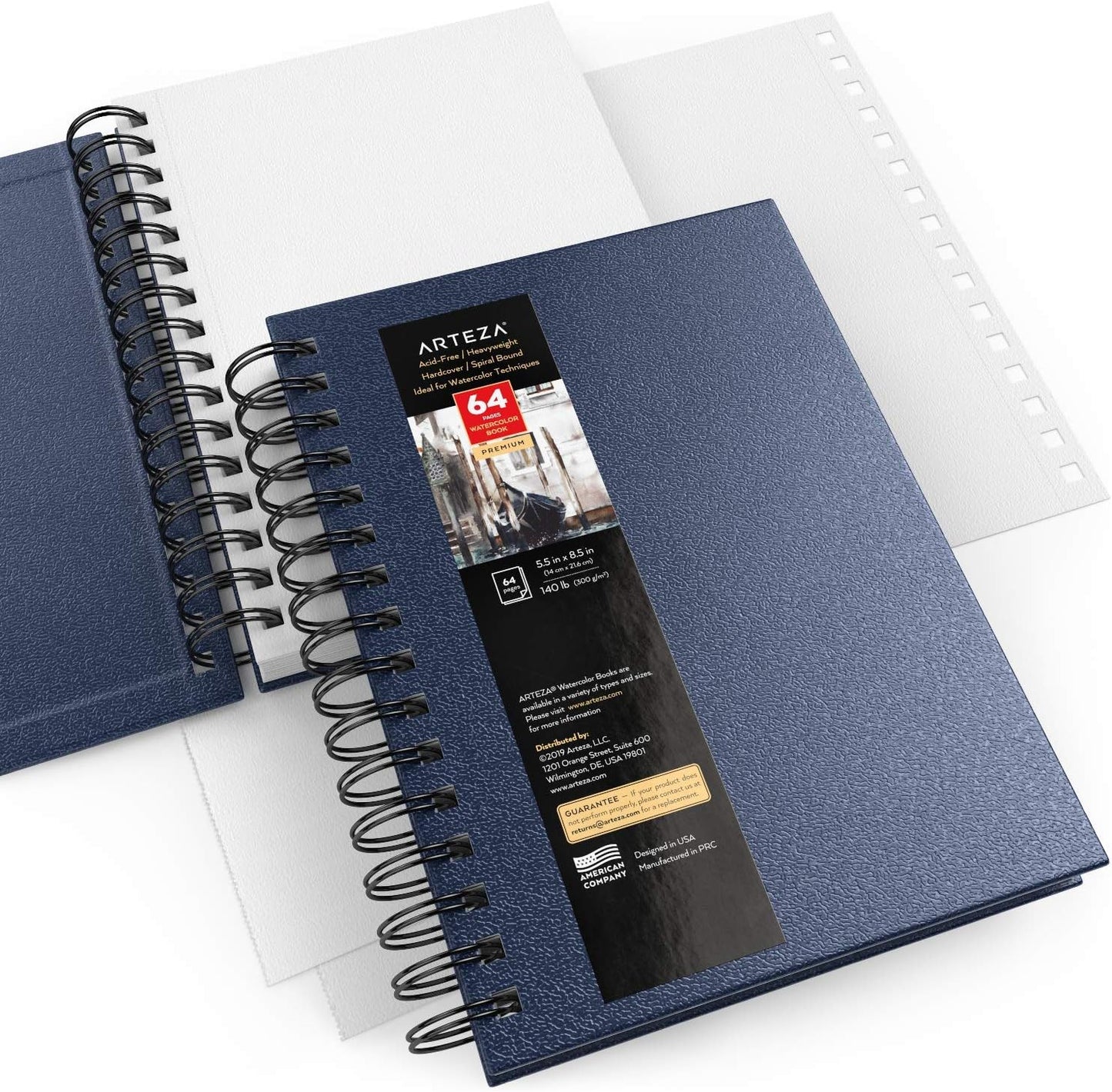 ARTEZA Watercolor Sketchbook Set,3-Pack,64 Pages per Book,5.5 x 8.5 Inches,Blue Hardcover Spiral Notebooks,140-Pound Premium Watercolor Paper for Artists