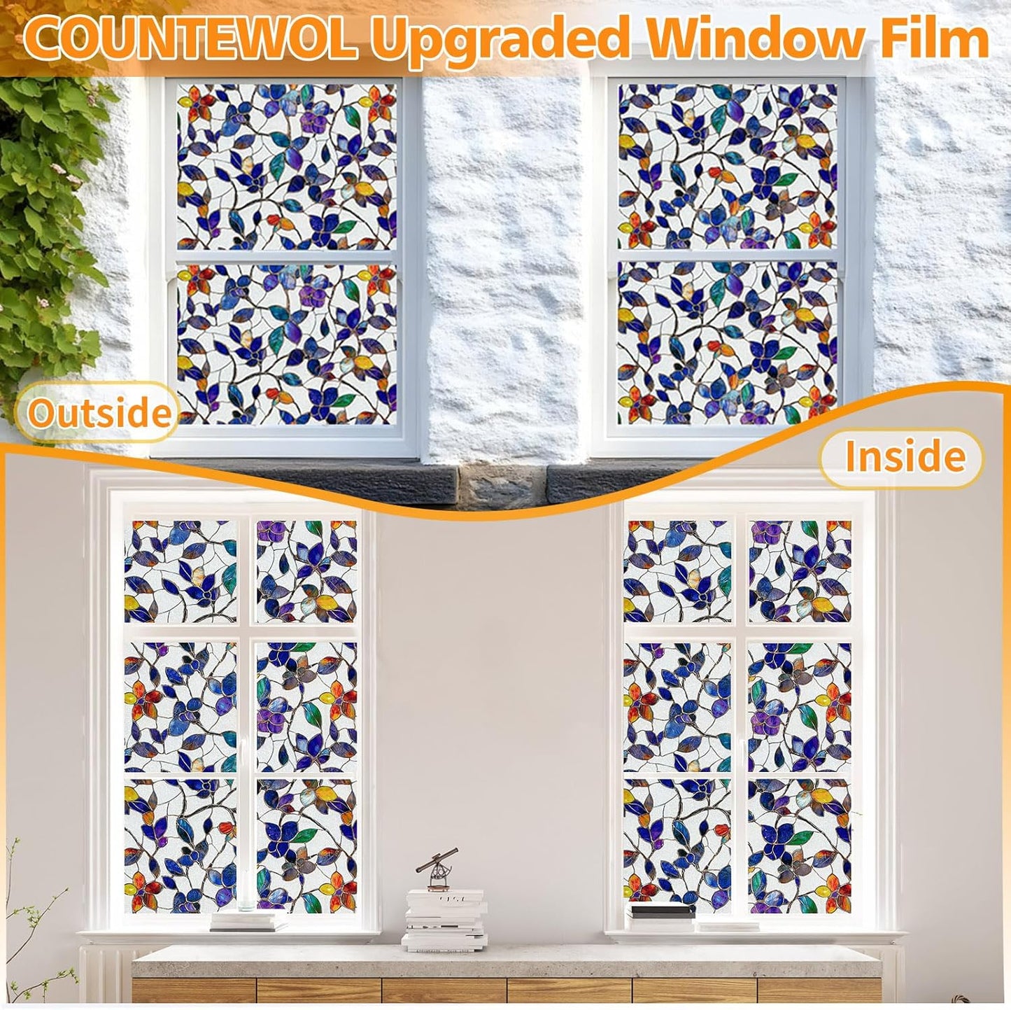 Window Privacy Film Stain Glass Window Film Rainbow Window Film Window clings Non-Adhesive Reusable Decorative for Room (Frosted Stained Leaf, 23.6 x 78.7 in)