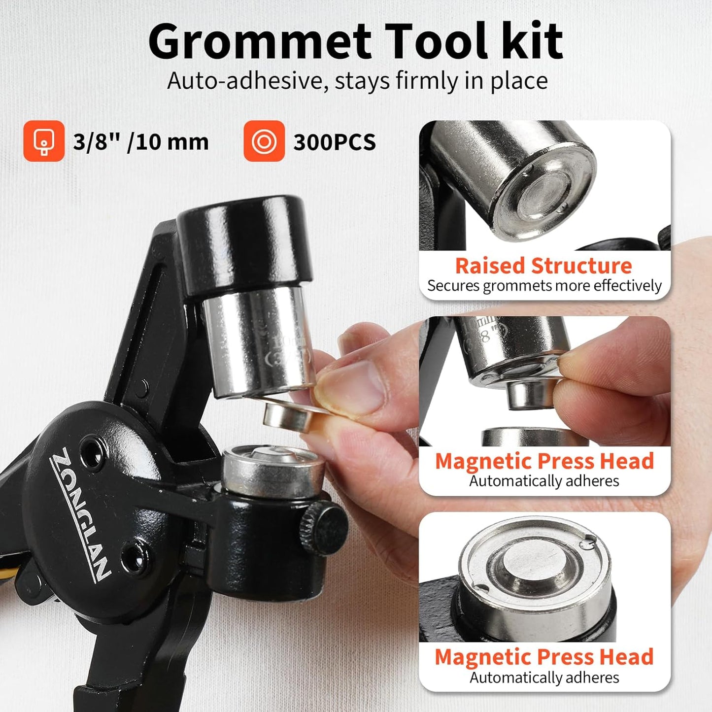 Grommet Tool Kit, 3/8 Inch Handheld Eyelet Kit Hole Punch Grommet Eyelet Press Pliers with 300 Silver Anti-Rust Grommets for Tarp Leather Fabric Tent and So On