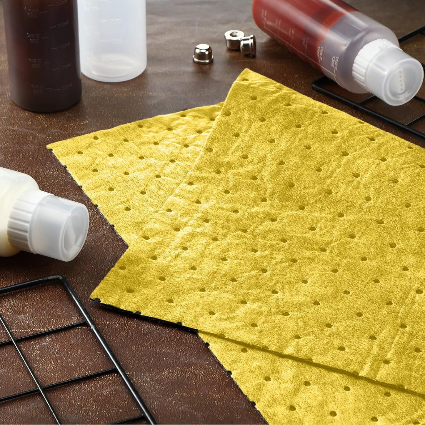 Hoolerry 100 Pcs Oil Absorbent Pads Weight Dimpled Pad Garage Accessories Water Absorbent Mat Oil Spill Mat for Absorbing Protecting Home Garage Basement (9.8 x 13 Inch,Yellow)