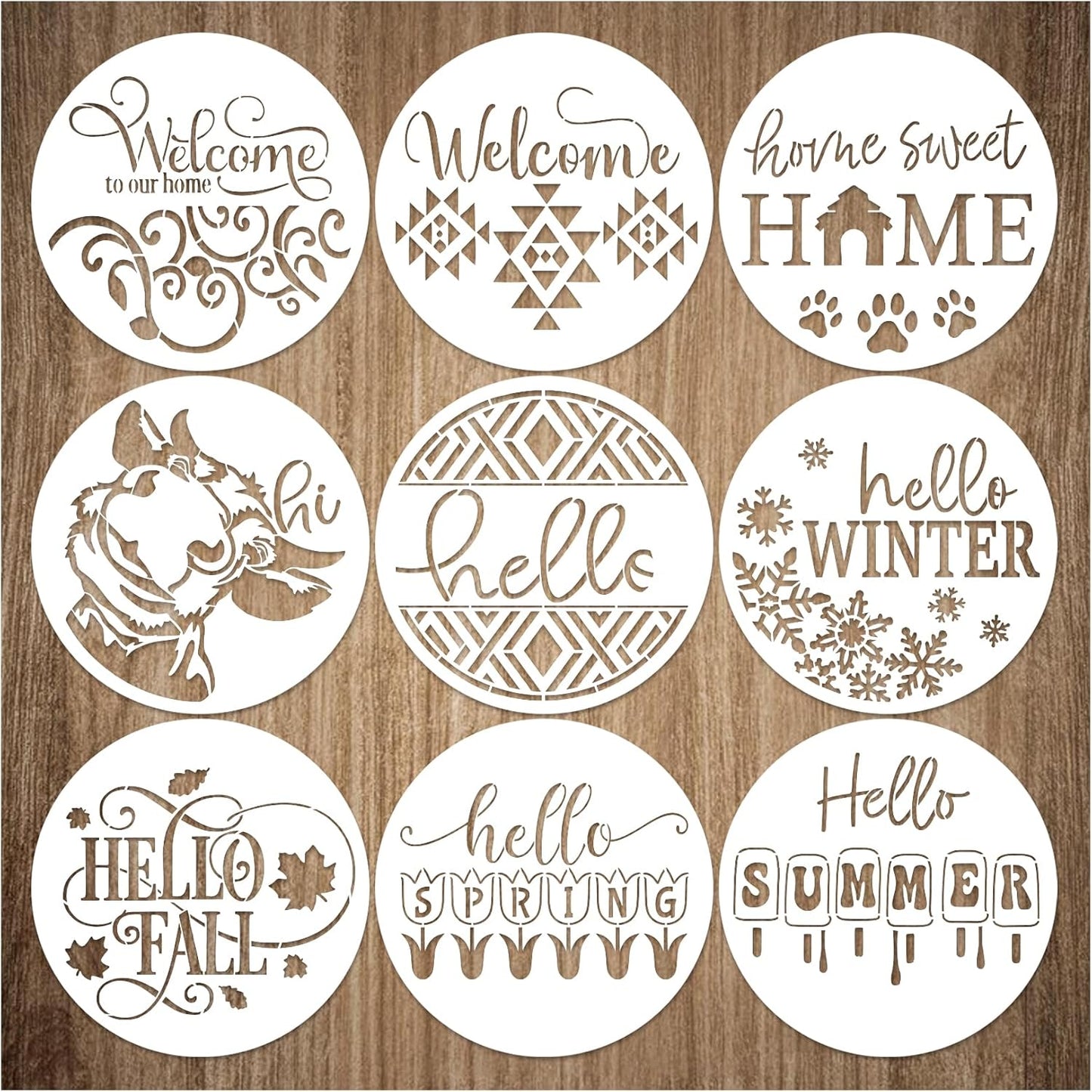 9 Pcs Welcome Stencils for Painting on Wood Reusable Round Home Sweet Home Stencil Large Hello Fall Templates for Door Hanger Canvas DIY Crafts (9 Welcome)