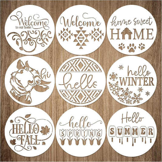 9 Pcs Welcome Stencils for Painting on Wood Reusable Round Home Sweet Home Stencil Large Hello Fall Templates for Door Hanger Canvas DIY Crafts (9 Welcome)
