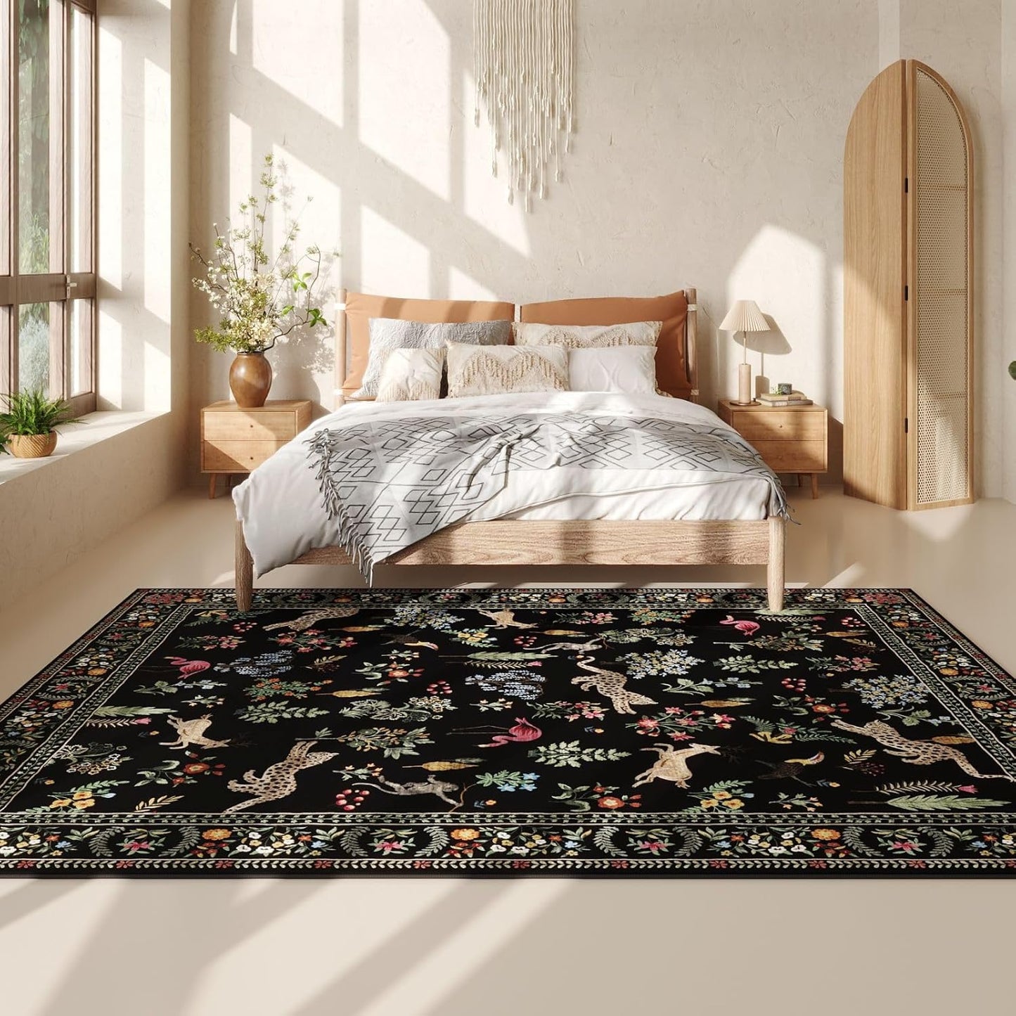Rugcomf Living Room Rug 6x9 Rug Machine Washable Boho Area Rug Non Slip Floral Animal Vintage Low Pile Large Rug for Living Room, Bedroom, Farmhouse, Dining Room, Kids Playroom (Black)