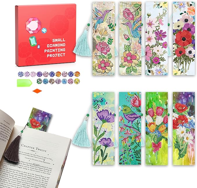 8 Pcs Diamond Art Painting Bookmarks Kit for Adult, DIY Diamond Paint Corner Book Makers Set, Small Dimond Art Kits, Art Crafts Kit Gifts for Women Mandala Flower Hummingbird