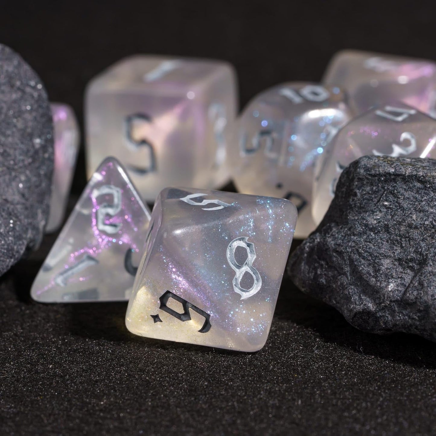 7-Die DND Dice Set Polyhedral Dice Set with Leather Bag D&D Dice Set for RPG Table Games (Transparent w/Glitter)