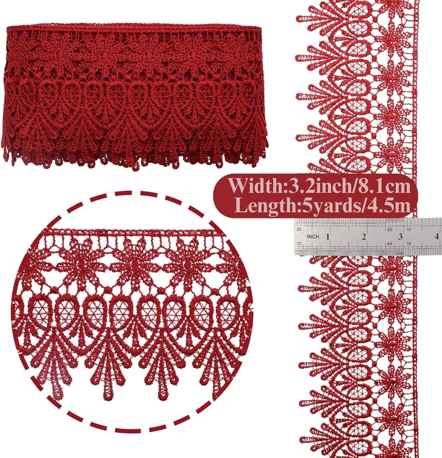 GXTIZAS Burgundy Lace Trim 5 Yards Wide Venise Lace Ribbon Embroidered Edge Trim for Sewing Crafts Pillow Case