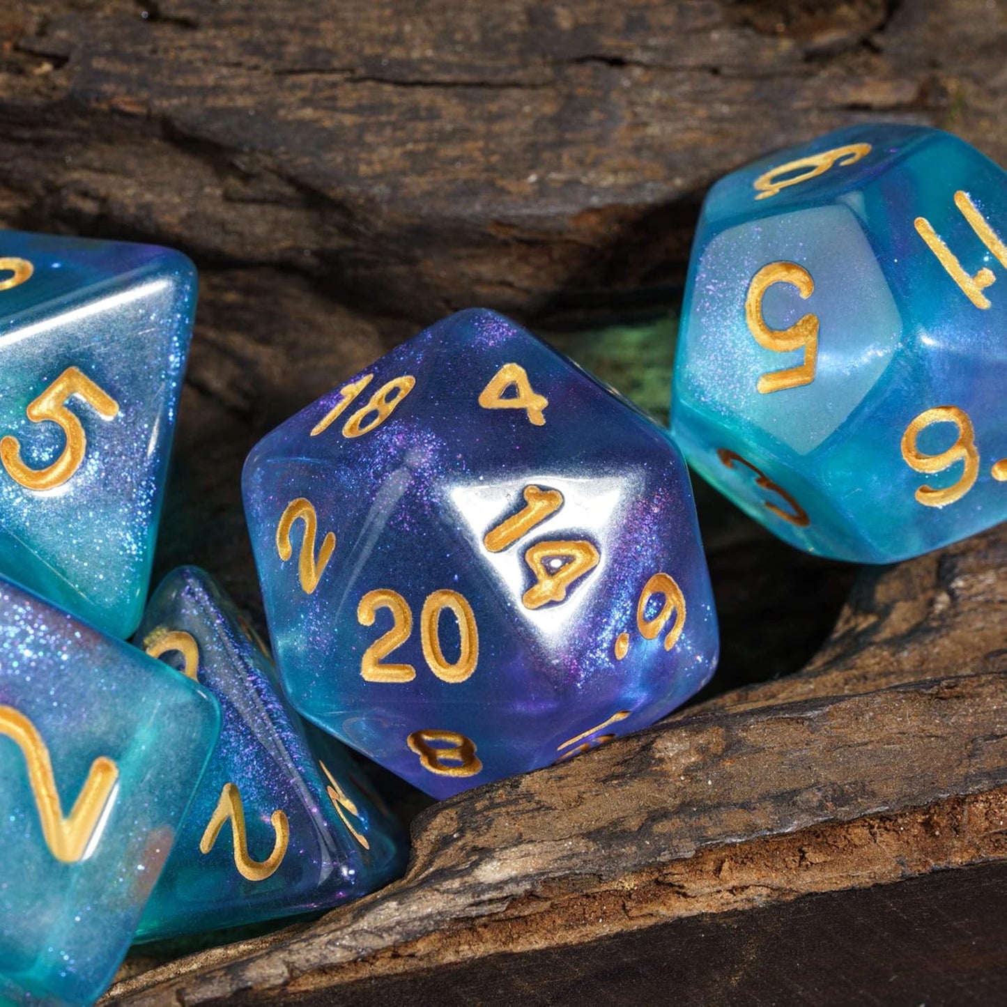 7-Die DND Dice Set Polyhedral Dice Set with a Leather Dice Bag, D&D Dice Set for Dungeons and Dragons, RPG Table Games (Purple Cyan/Glitter)