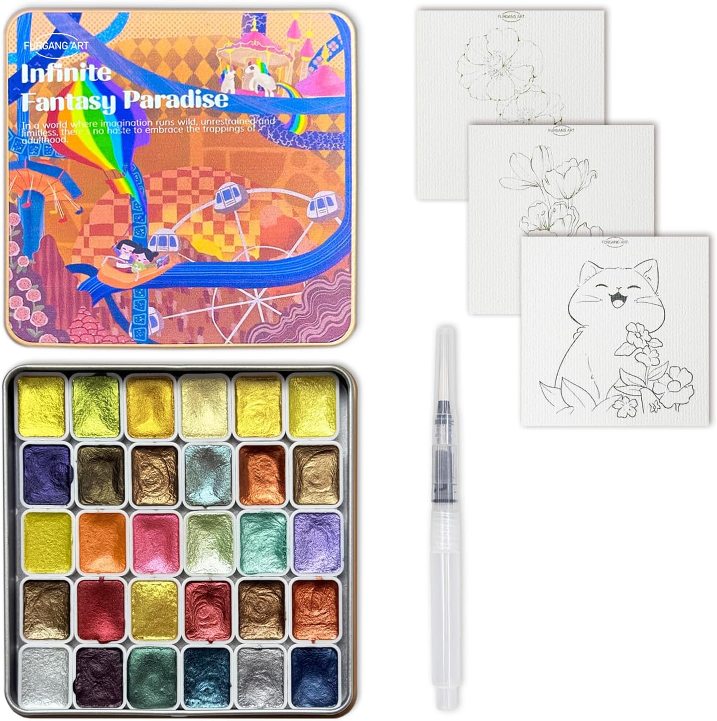 Glitter Watercolor Painting Kit,30 Color Shifting Watercolor Paint Set, Metallic Watercolor Paints, Solid Water Colors Paint Adult Set, Detail Paint Brush Included, for Artists